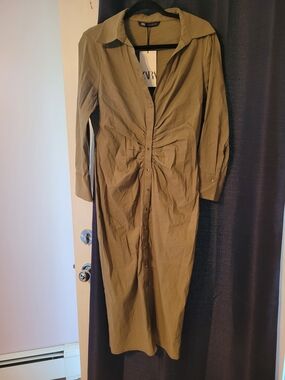 Zara Olive Khaki Ruched Button-Front Midi Dress